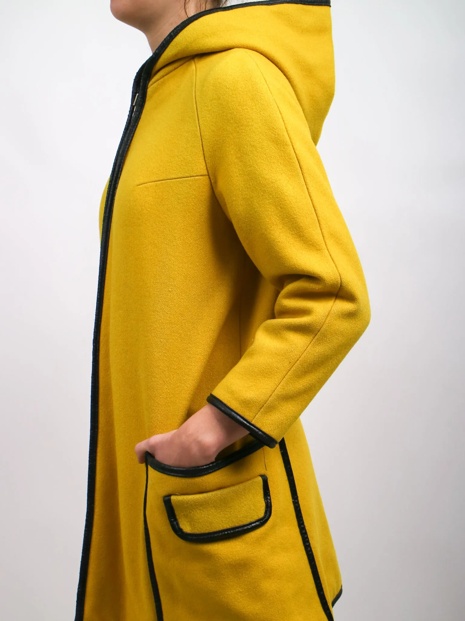 1960s Bright Yellow and Black Bonnie Cashin Style Hooded Coat by Niccolni