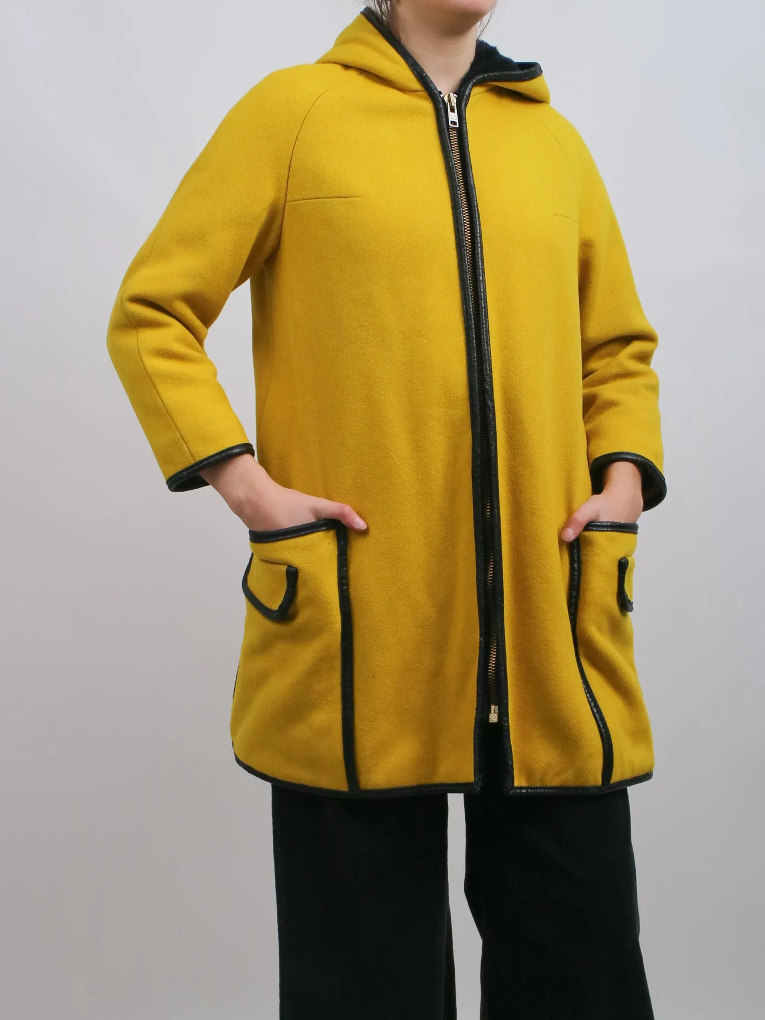 1960s Bright Yellow and Black Bonnie Cashin Style Hooded Coat by Niccolni