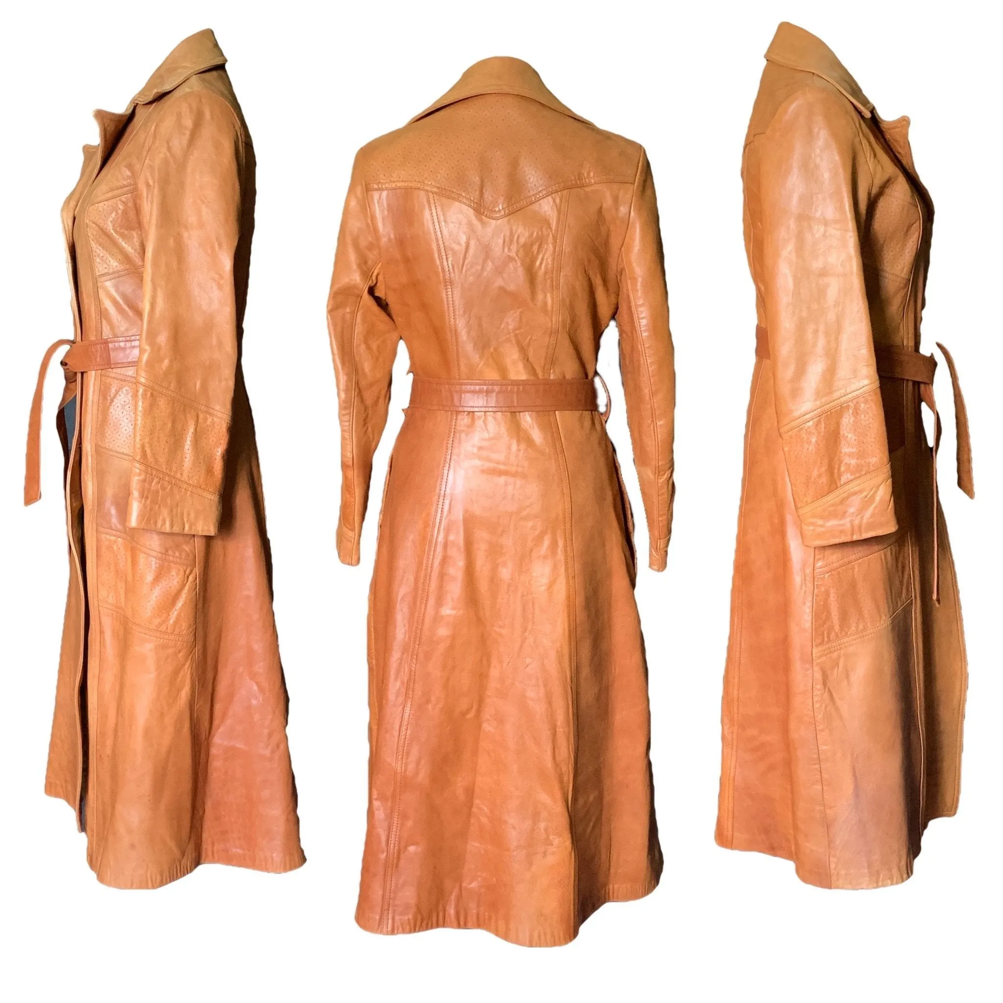 1960s Brown Leather Trench Coat by Altman of Dallas. Bohemian Southwestern Style.