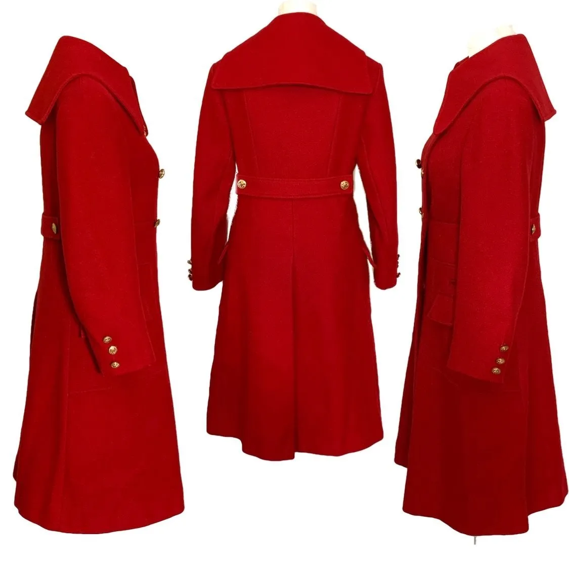 1960s Red Wool Coat by Preen. Warm Winter Coat. Military and Sailor Styling. Vintage Clothing.