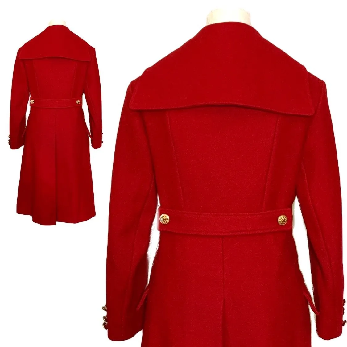 1960s Red Wool Coat by Preen. Warm Winter Coat. Military and Sailor Styling. Vintage Clothing.