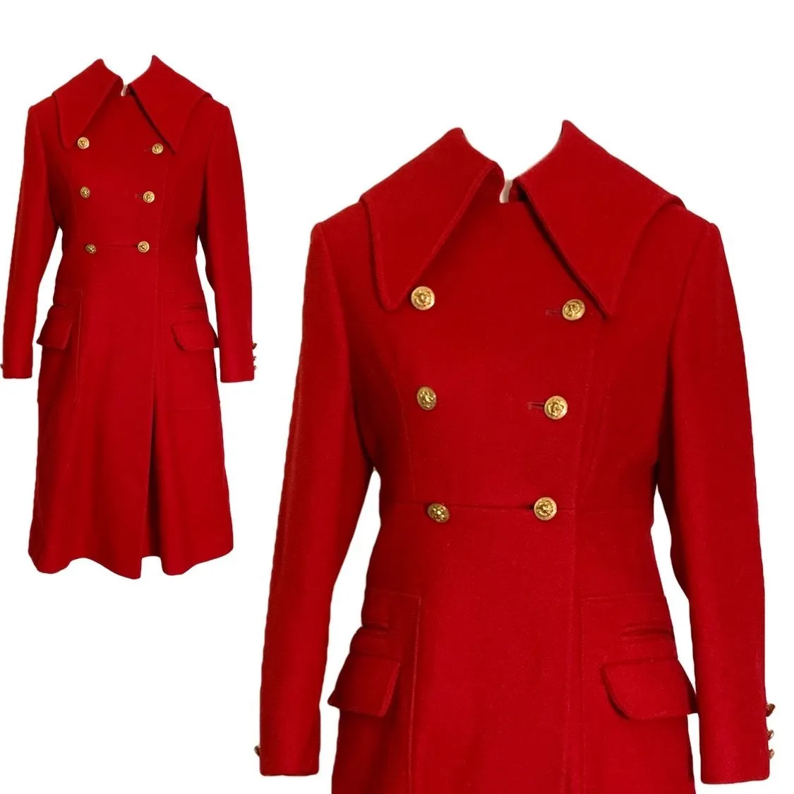 1960s Red Wool Coat by Preen. Warm Winter Coat. Military and Sailor Styling. Vintage Clothing.