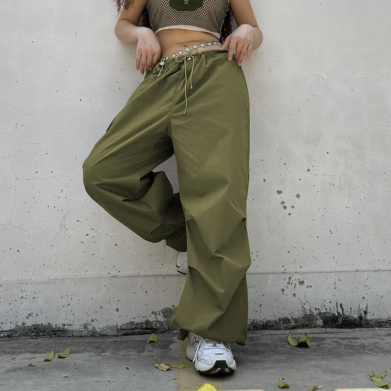 2022 wide leg mid-waist cargo pants loose multi-pockets retro drawstring pleated sweatpants