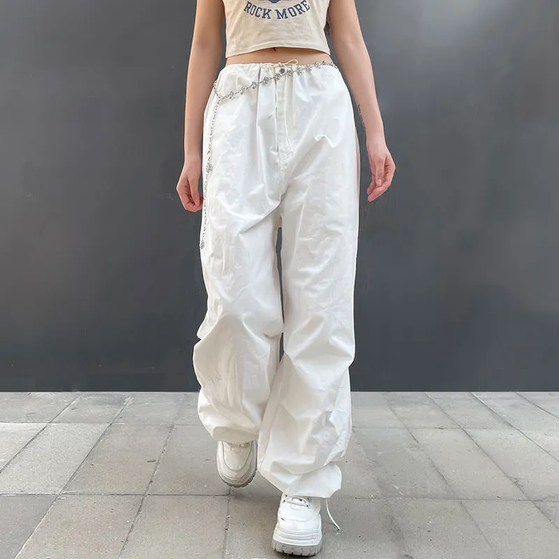 2022 wide leg mid-waist cargo pants loose multi-pockets retro drawstring pleated sweatpants