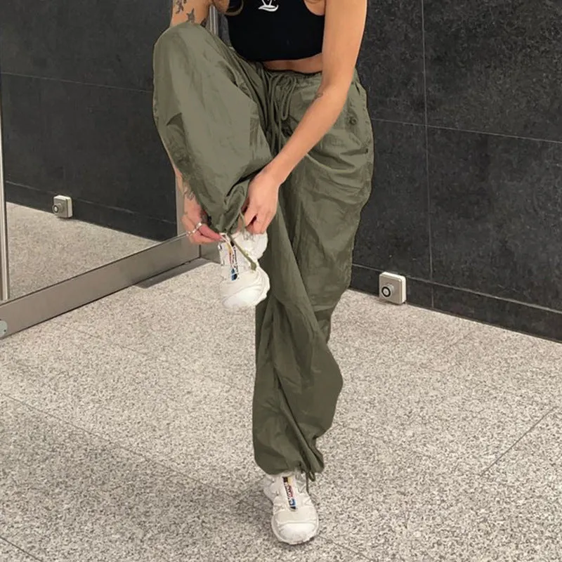 2022 wide leg mid-waist cargo pants loose multi-pockets retro drawstring pleated sweatpants