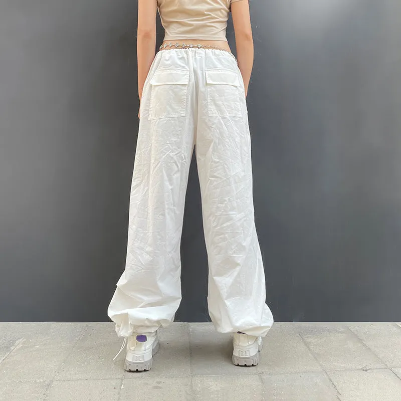 2022 wide leg mid-waist cargo pants loose multi-pockets retro drawstring pleated sweatpants