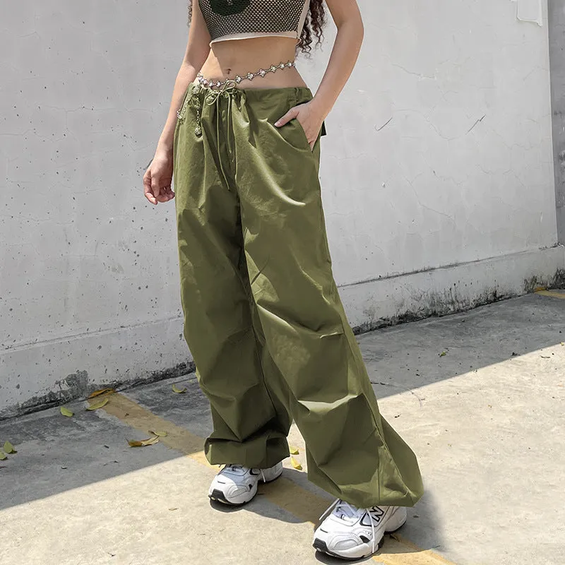 2022 wide leg mid-waist cargo pants loose multi-pockets retro drawstring pleated sweatpants