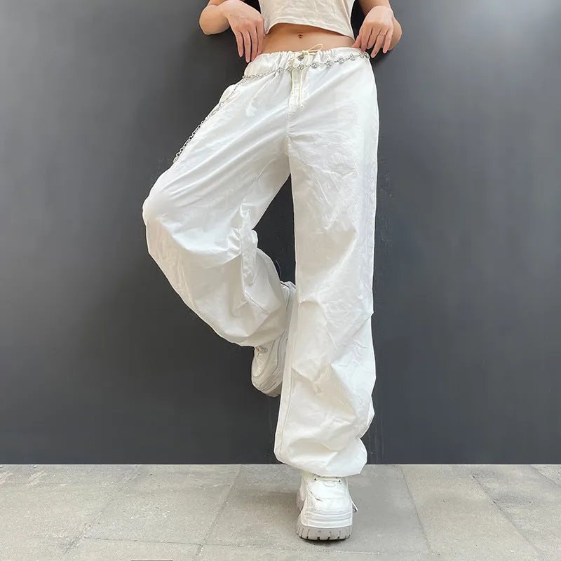 2022 wide leg mid-waist cargo pants loose multi-pockets retro drawstring pleated sweatpants