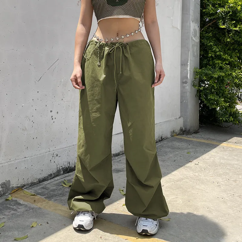 2022 wide leg mid-waist cargo pants loose multi-pockets retro drawstring pleated sweatpants