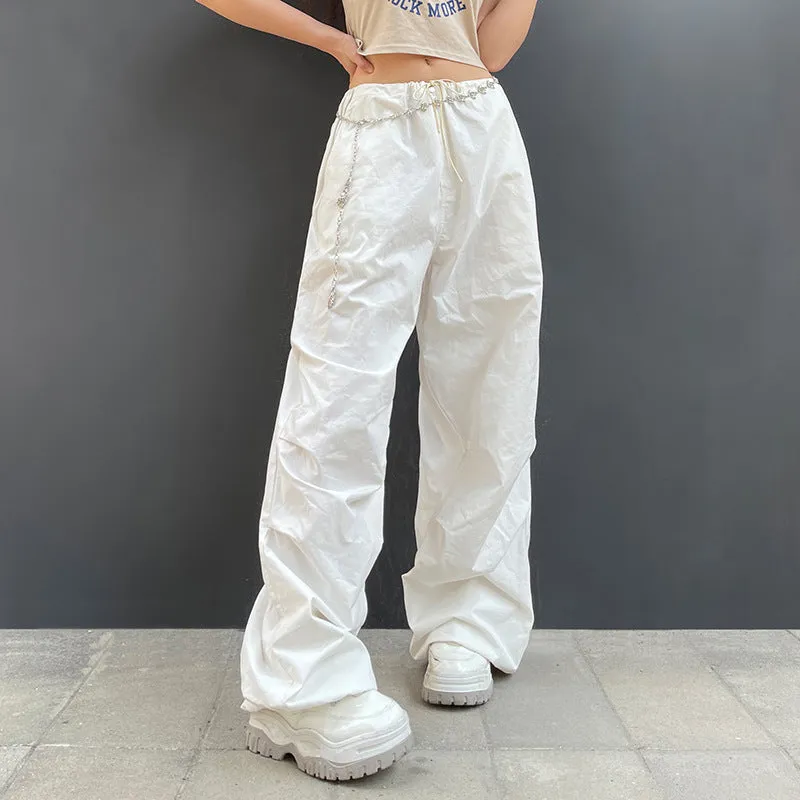 2022 wide leg mid-waist cargo pants loose multi-pockets retro drawstring pleated sweatpants