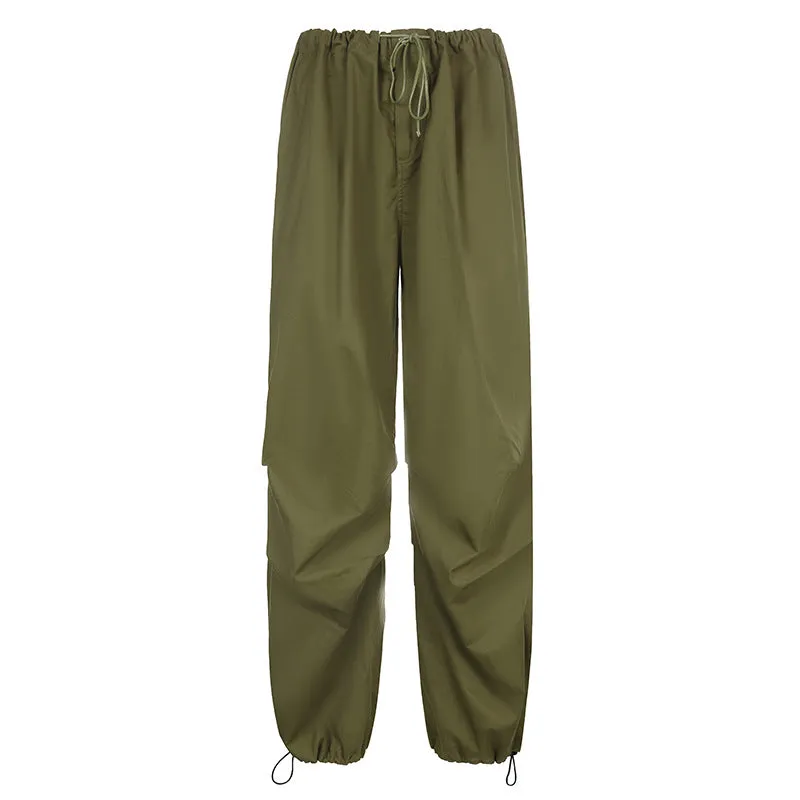 2022 wide leg mid-waist cargo pants loose multi-pockets retro drawstring pleated sweatpants