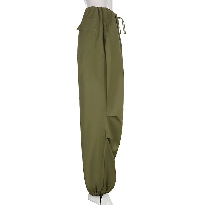 2022 wide leg mid-waist cargo pants loose multi-pockets retro drawstring pleated sweatpants