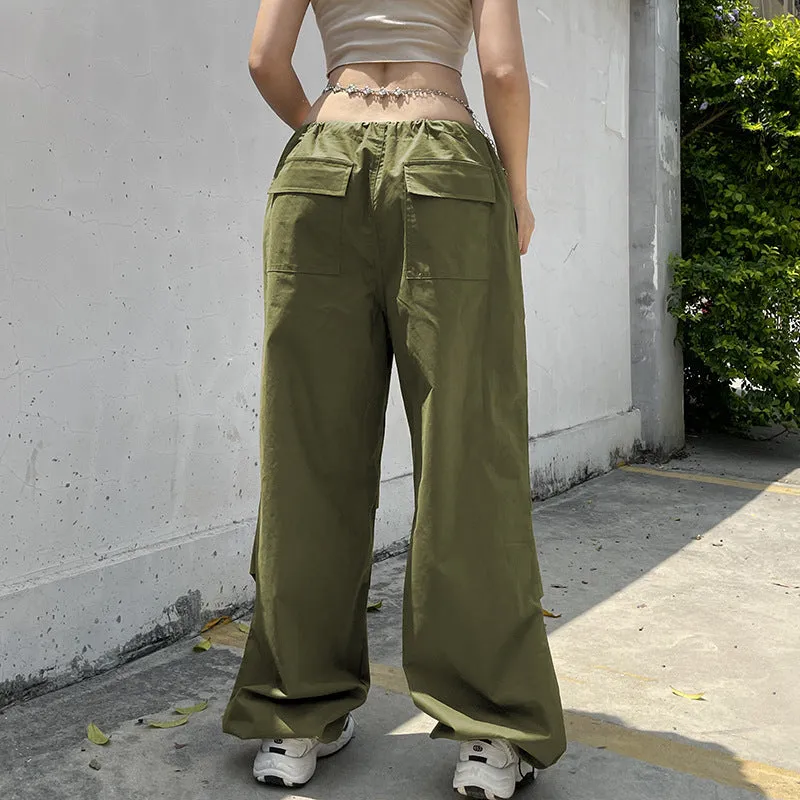 2022 wide leg mid-waist cargo pants loose multi-pockets retro drawstring pleated sweatpants