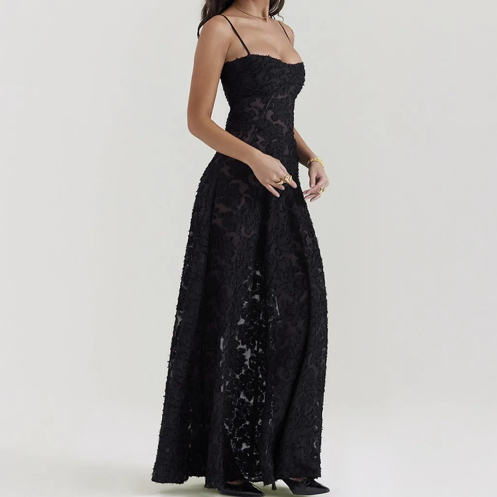 2024 Summer New European and American Wind Black See-through Strap Dress Sexy Backless Dress Party Style Evening Dress