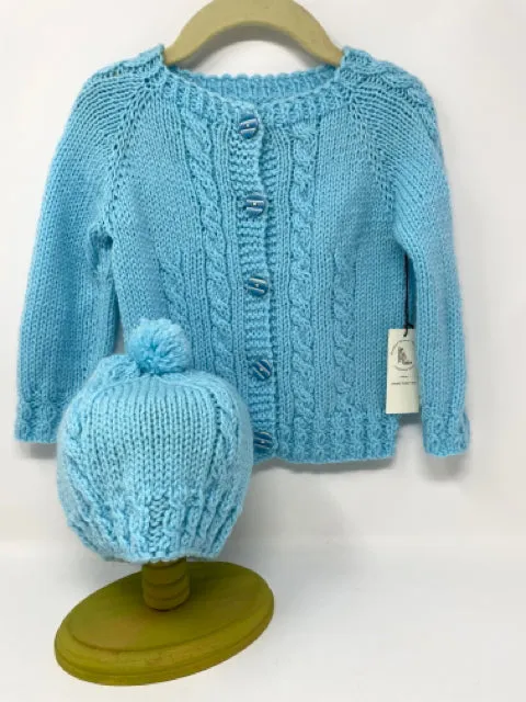 3-4 Y Robin's Egg Blue Acrylic Cable Knit Cardigan and Hat