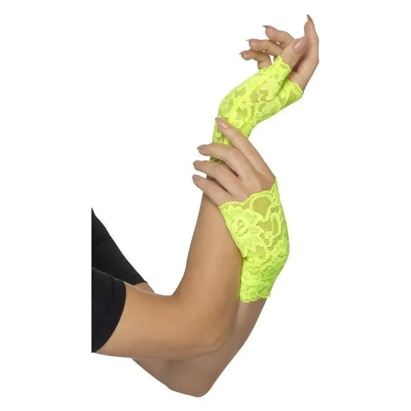 80s Fingerless Lace Gloves Adult Neon Green Short