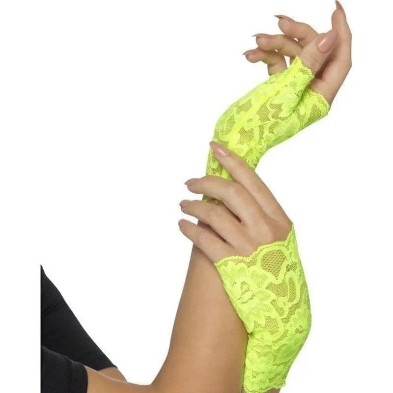 80s Fingerless Lace Gloves Adult Neon Green Short