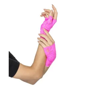 80s Fingerless Lace Gloves, Neon Pink