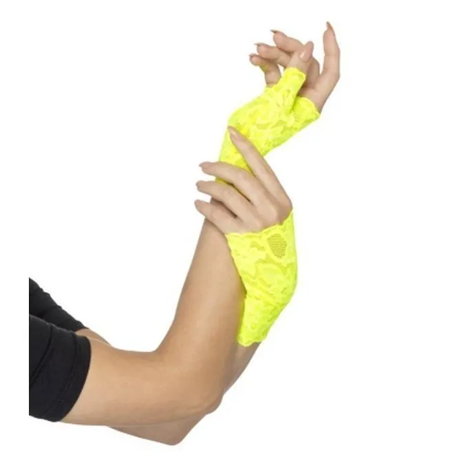 80s Fingerless Lace Gloves, Neon Yellow