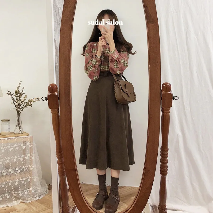 A Line solid Pleated Knee Length Suede Skirt   Vintage Plaid Long Sleeve