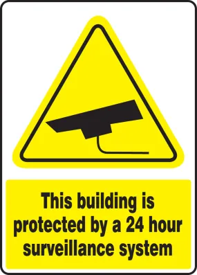 Accuform® 14" X 10" Yellow, Black And White Aluminum Safety Signs "THIS BUILDING IS PROTECTED BY A 24 HOUR SURVEILLANCE SYSTEM"