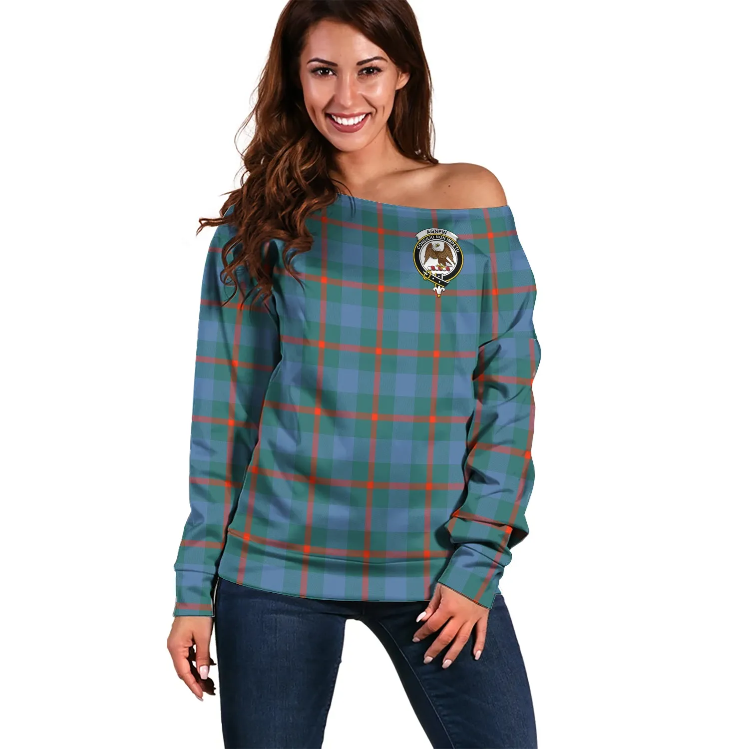 Agnew Ancient Tartan Off Shoulder Women Sweater with Family Crest