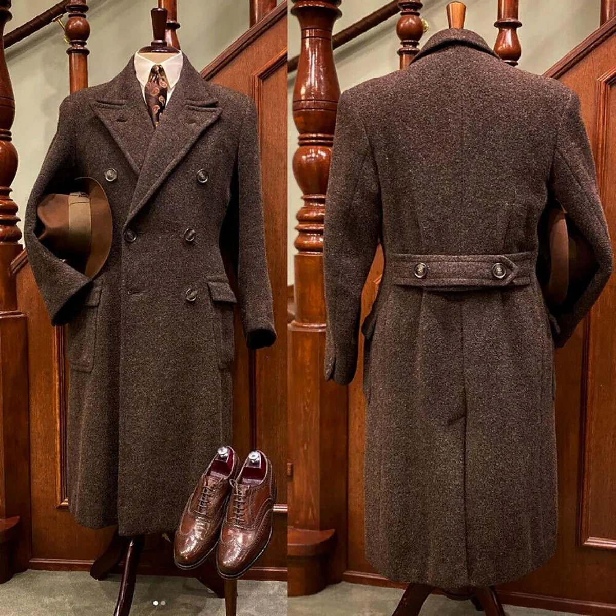 Aidase Vintage Men's Tweed Long Overcoat Wool Cotton Peak Lapel Suits Double Breasted 1 Piece Coat Custom Size