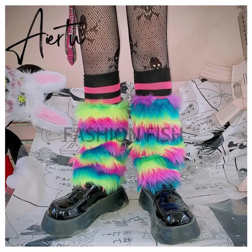 Aiertu Furry Leg Warmers Y2K Goth White Faux Fur Leg Warmers Boot Covers Lady Cute Jk Knee-length Hipster Warm Sock Fashion Socks