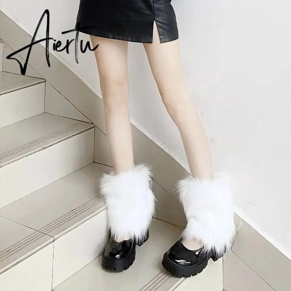 Aiertu Furry Leg Warmers Y2K Goth White Faux Fur Leg Warmers Boot Covers Lady Cute Jk Knee-length Hipster Warm Sock Fashion Socks