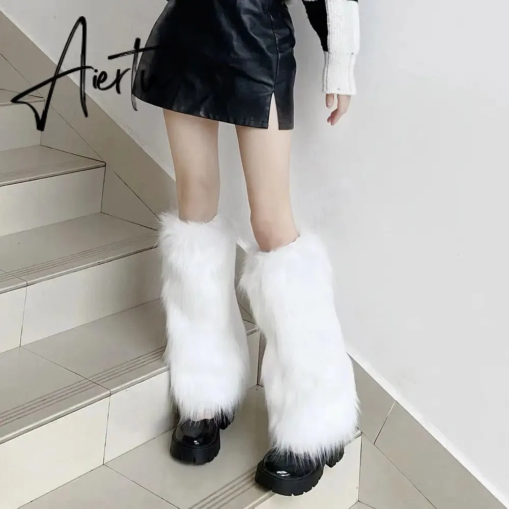 Aiertu Furry Leg Warmers Y2K Goth White Faux Fur Leg Warmers Boot Covers Lady Cute Jk Knee-length Hipster Warm Sock Fashion Socks