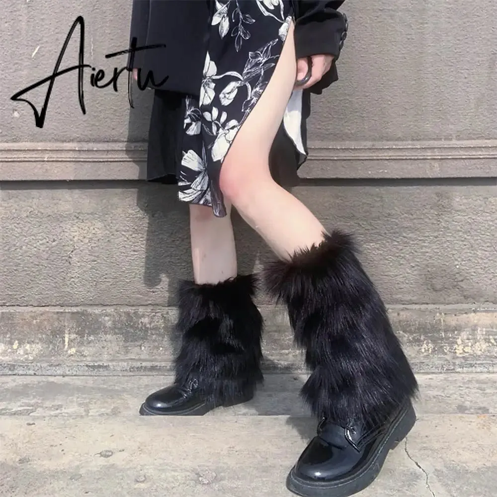 Aiertu Furry Leg Warmers Y2K Goth White Faux Fur Leg Warmers Boot Covers Lady Cute Jk Knee-length Hipster Warm Sock Fashion Socks