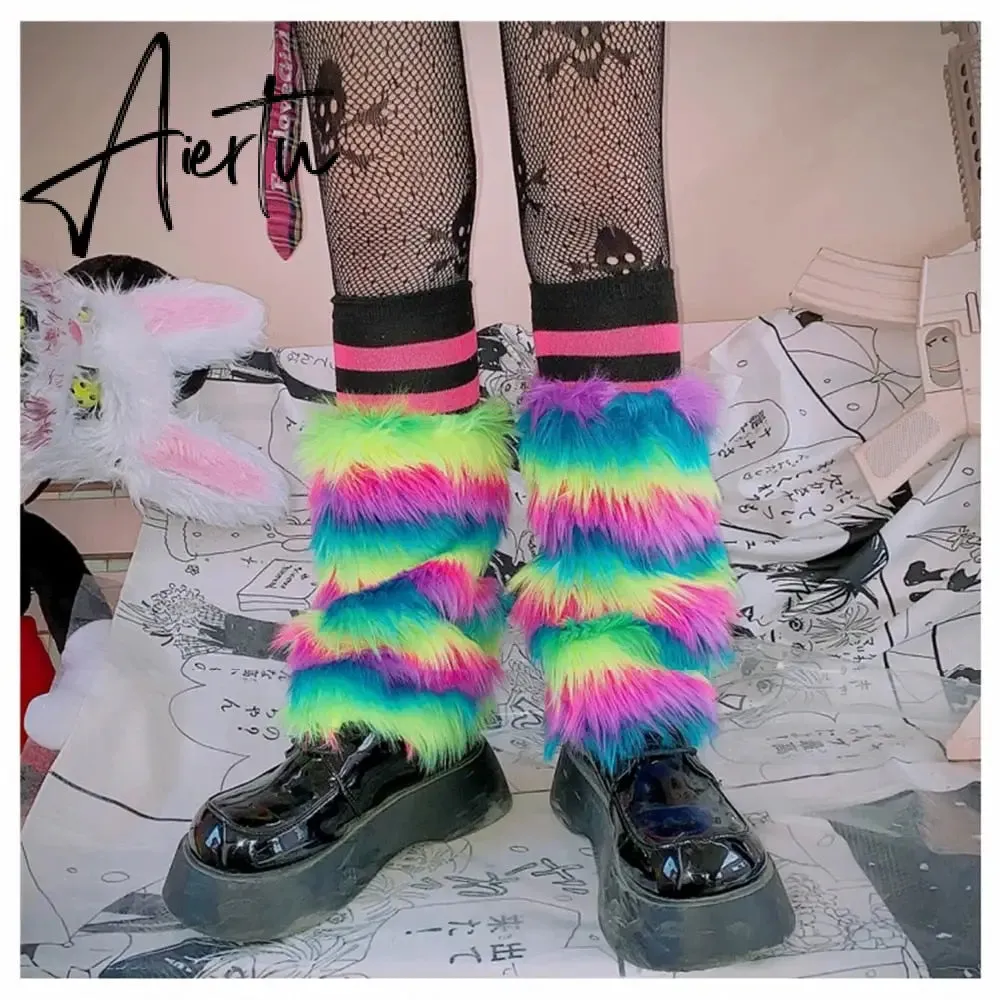 Aiertu Furry Leg Warmers Y2K Goth White Faux Fur Leg Warmers Boot Covers Lady Cute Jk Knee-length Hipster Warm Sock Fashion Socks