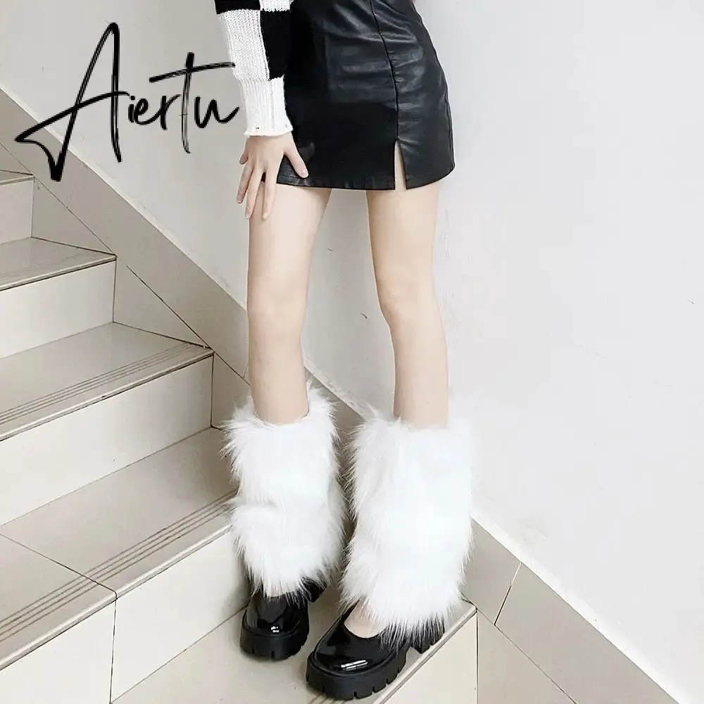 Aiertu Furry Leg Warmers Y2K Goth White Faux Fur Leg Warmers Boot Covers Lady Cute Jk Knee-length Hipster Warm Sock Fashion Socks