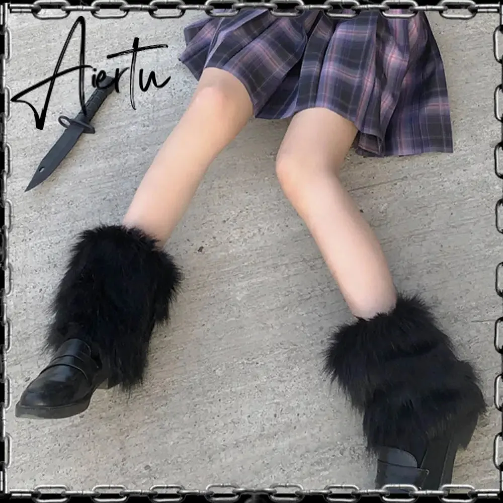 Aiertu Furry Leg Warmers Y2K Goth White Faux Fur Leg Warmers Boot Covers Lady Cute Jk Knee-length Hipster Warm Sock Fashion Socks