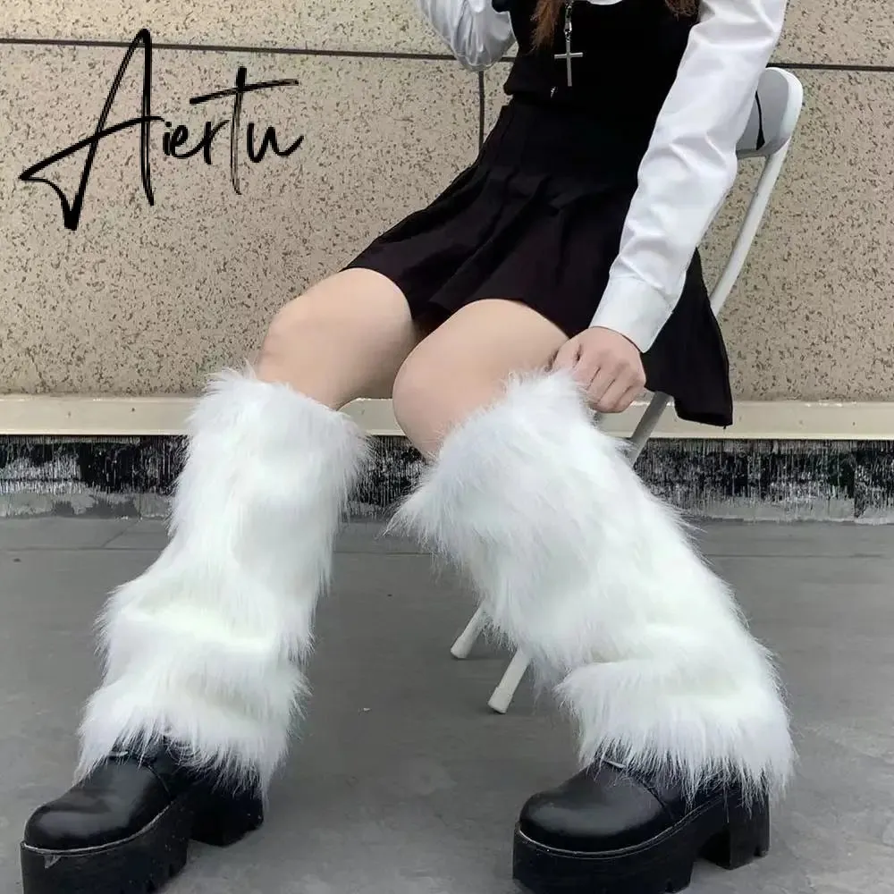 Aiertu Furry Leg Warmers Y2K Goth White Faux Fur Leg Warmers Boot Covers Lady Cute Jk Knee-length Hipster Warm Sock Fashion Socks