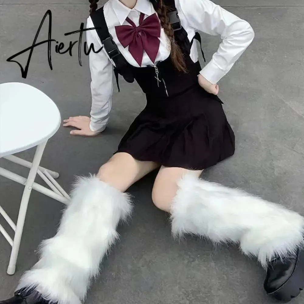 Aiertu Furry Leg Warmers Y2K Goth White Faux Fur Leg Warmers Boot Covers Lady Cute Jk Knee-length Hipster Warm Sock Fashion Socks