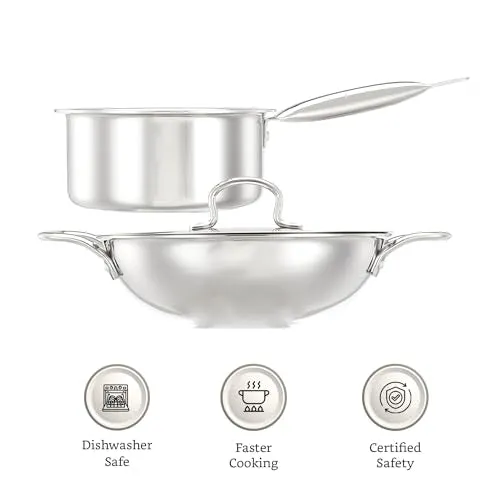 Amazon Brand - Solimo Triply Stainless Steel 3 Piece Cookware Set(Kadhai/Wok with Lid-24 Cm,Fry Pan-24 Cm&Tea/Milk Saucepan-16 Cm) Induction and Gas Stove Compatible|Dishwasher Safe,Silver