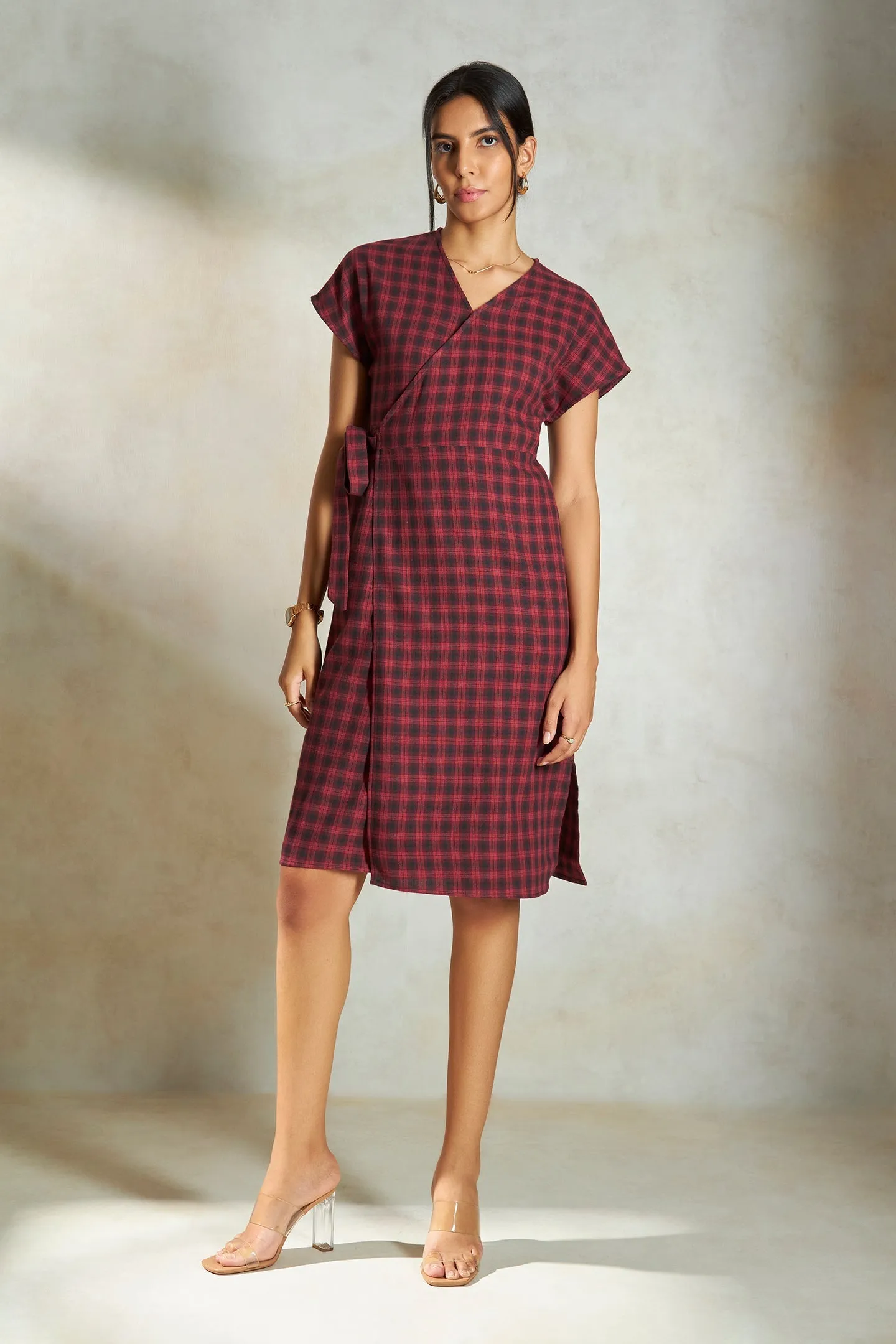 Amira|Checked Cotton Wrap Dress