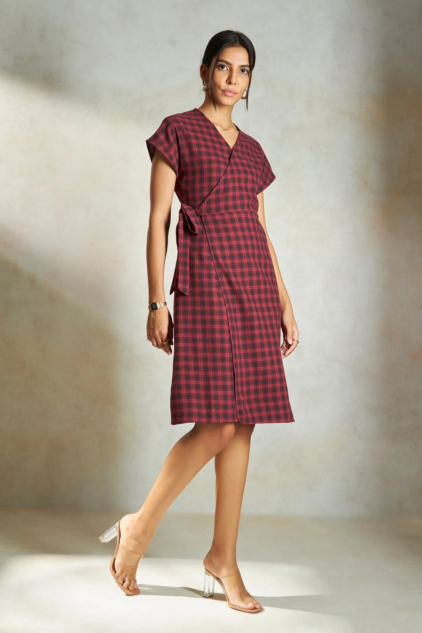 Amira|Checked Cotton Wrap Dress