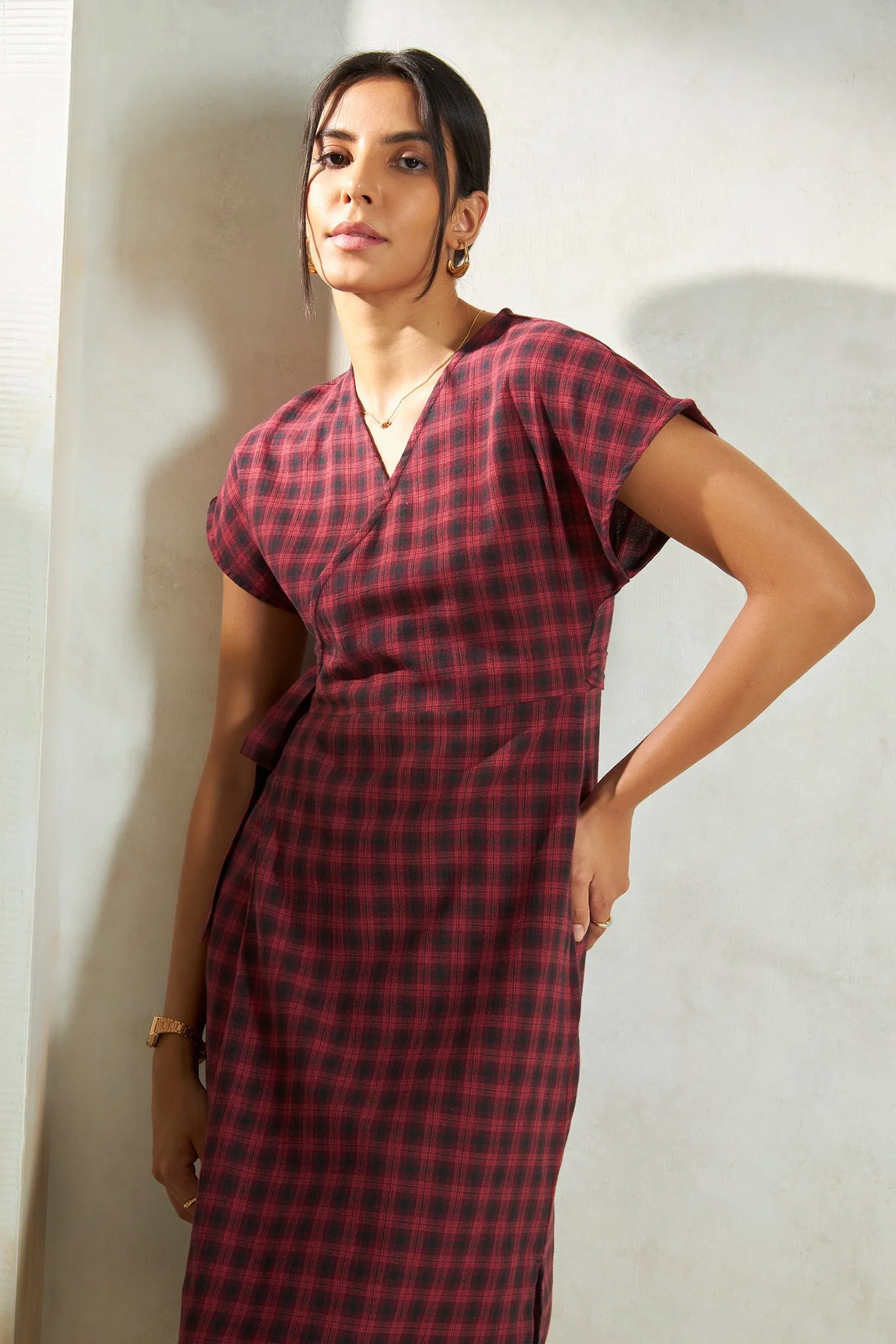 Amira|Checked Cotton Wrap Dress