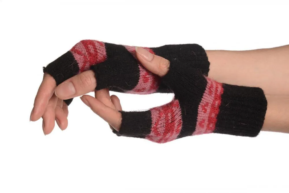 Angora Black Fair Isle Knitted Fingerless Gloves