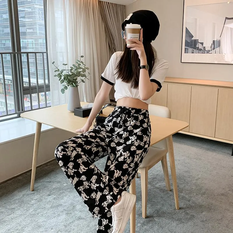 Anti-Aging Cute Draping Straight Print Slimming Wide-Leg Pants