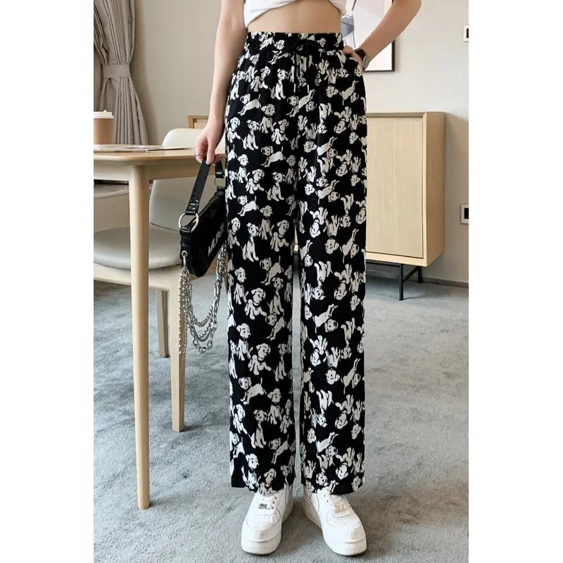 Anti-Aging Cute Draping Straight Print Slimming Wide-Leg Pants