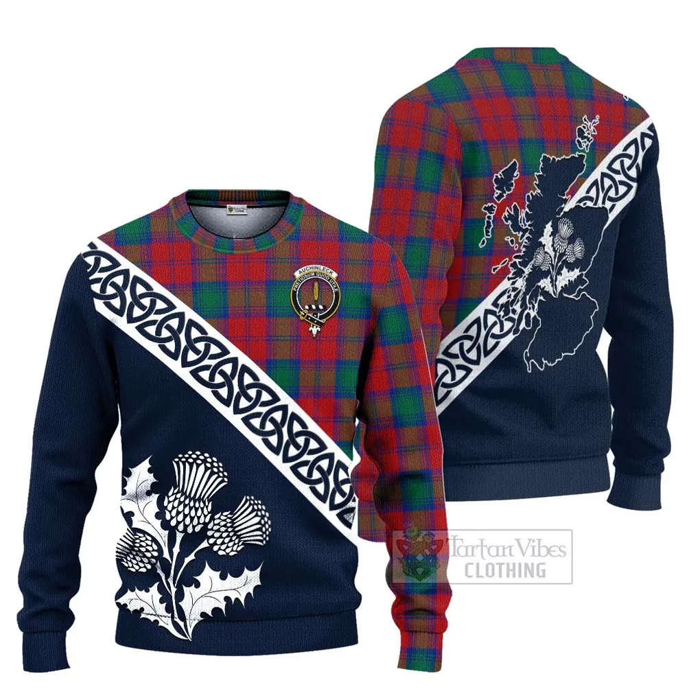 Auchinleck (Affleck) Tartan Ugly Sweater Featuring Thistle and Scotland Map