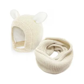 Baby Winter Knit Hat Scarf Set Earflap Toddler Fleece Lined Hat | Ivory Set