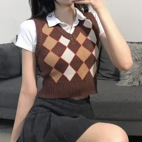 Back to College Joskaa Argyle Women Sweater Vest Vintage Autumn Knit Pullover Cute Crop Jumper Short Sweater Streetwear Brown Top Dropshipping