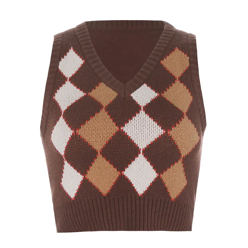 Back to College Joskaa Argyle Women Sweater Vest Vintage Autumn Knit Pullover Cute Crop Jumper Short Sweater Streetwear Brown Top Dropshipping