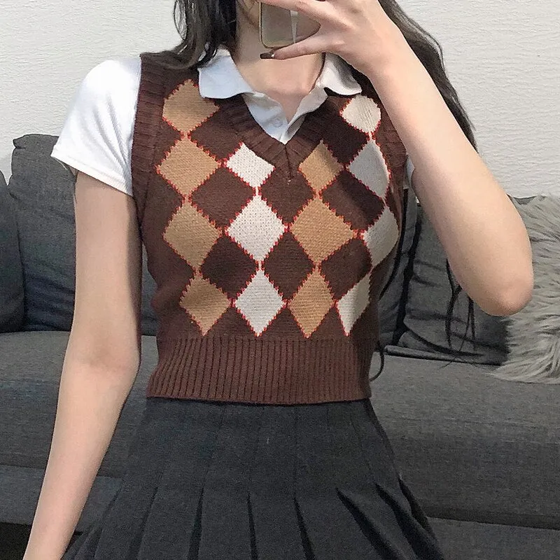 Back to College Joskaa Argyle Women Sweater Vest Vintage Autumn Knit Pullover Cute Crop Jumper Short Sweater Streetwear Brown Top Dropshipping