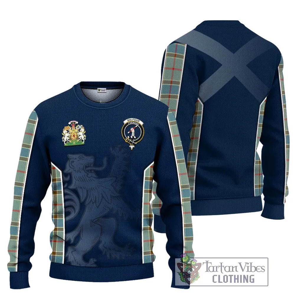 Balfour Blue Tartan Ugly Sweater with Family Crest and Lion Rampant Vibes Sport Style