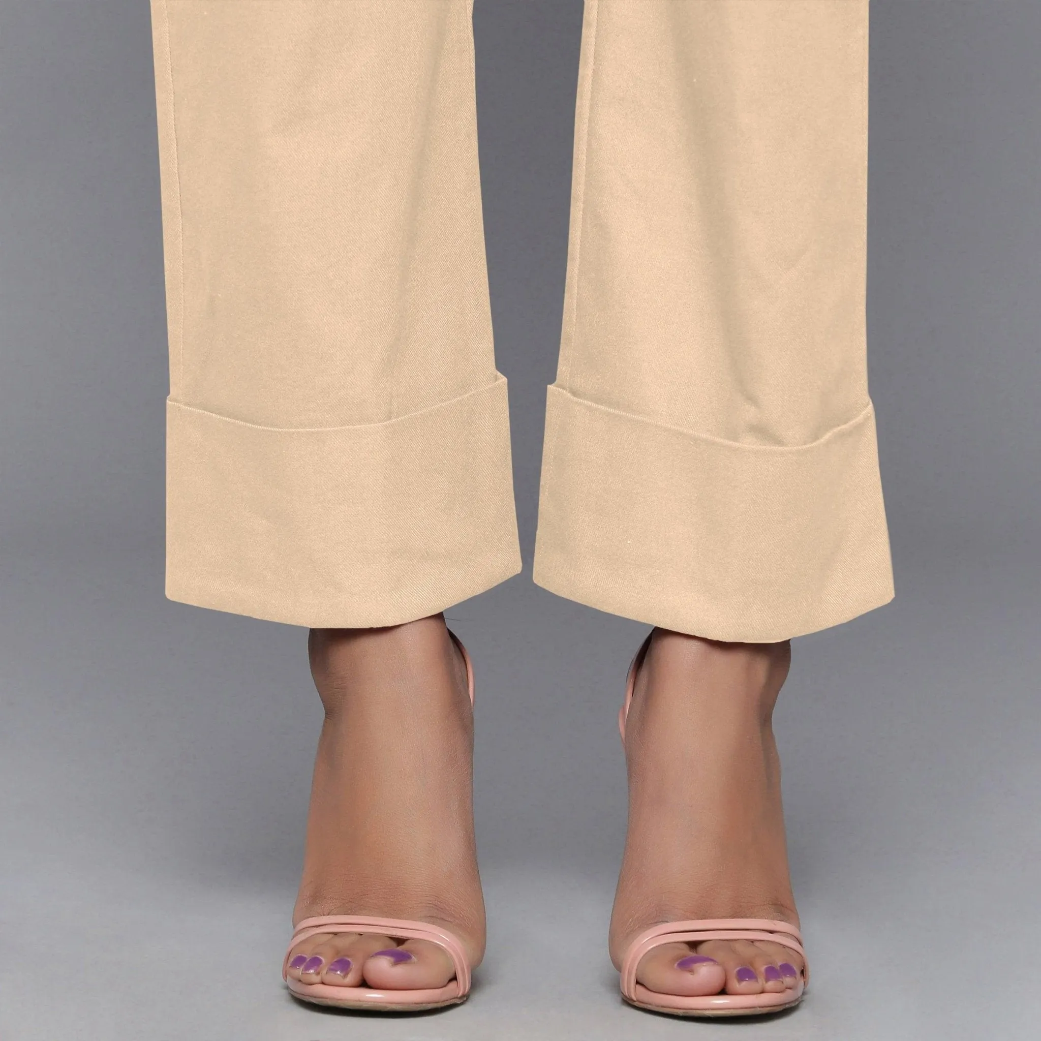 Beige Warm Cotton Flannel High-Rise Rolled-up Pant